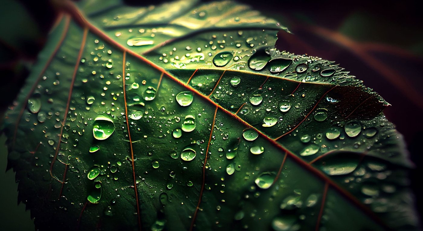 Gotas de rocío sobre una hoja verde, detalle de un sistema vivo